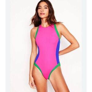 Boden Sporty Zip Back Swimsuit Women 14R Pink Colorblock High Neck UPF50 Beach